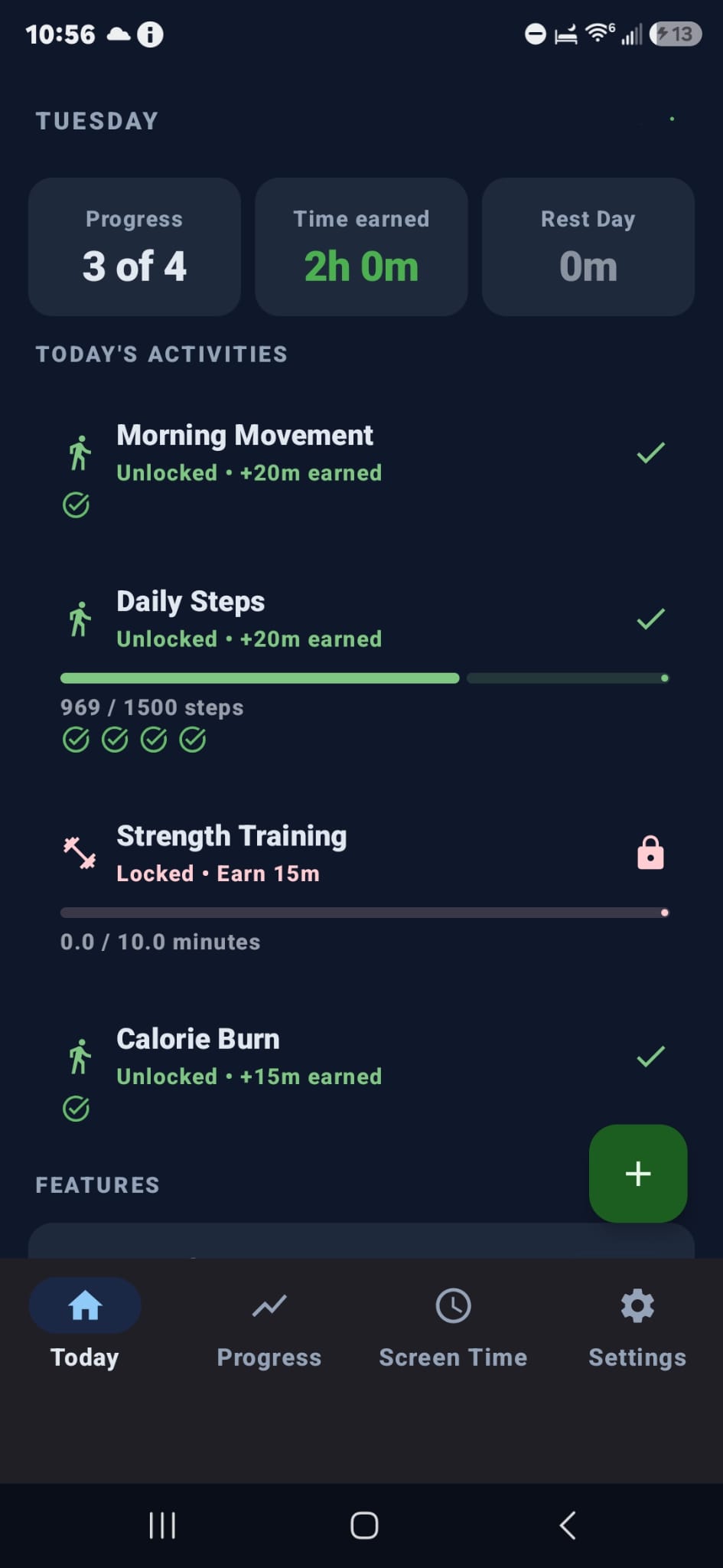 Move2Swipe home screen with earned time